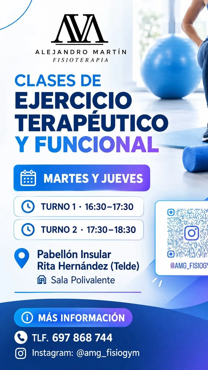 Clases de ejercicio terapéutico y funcional, martes y jueves. Turno 1: 16:30 a 17:30. Turno 2: 17:30 a 18:30. Pabellón Insular Rita Hernández (Telde), Sala Polivalente. Más información: teléfono 697 868 744, Instagram @amg_fisiogym.